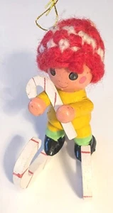 Cute Vtg Christmas Girl Skating Ornament Taiwan 3" Knitted Hat Wooden - Picture 1 of 6