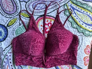 Victoria's Secret PINK Burgundy Lightly Lined Velvet Damask Bralette Top Sz L - Picture 1 of 20