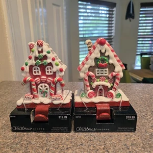 2 Gingerbread House Christmas Shoppe Stocking Holders Fireplace Mantle Holder - Picture 1 of 10