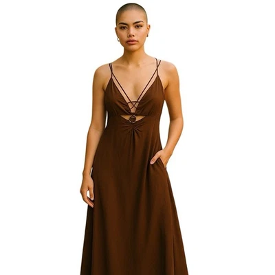 Maxi Vestido ZARA Pequeño Marrón LINO SIN TIRANTES MADERA RÚSTICA BORLA CUENTAS Foto 1 de 4