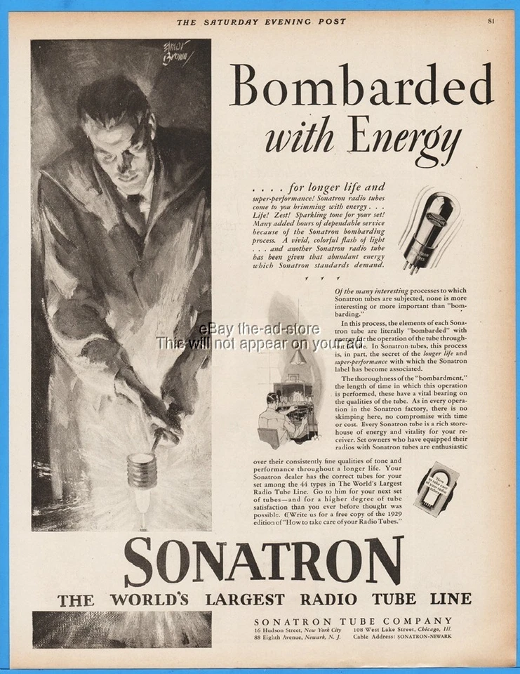 1929 Sonatron Radio Tube Worlds línea más grande arte marrón Elmor ENERGÍA anuncio impreso Foto 1 de 1