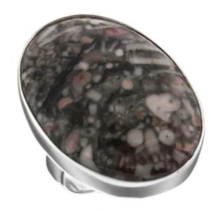 925 Sterling Silver Large Crinoid Fossil Sterling Adjustable Sz 6 Ring, 1 1/4" - Picture 1 of 3