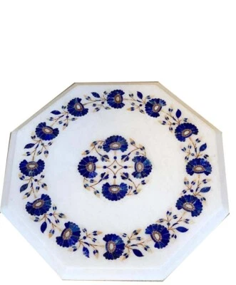 12" corner Marble table top handicraft inlay semi precious stones work - Image 1 of 4