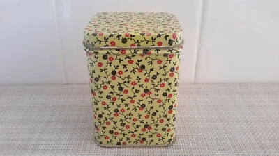 Unmarked  Yellow Metal Tin Storage Container Box Red/Black Flowers 3.75x2.5x2.5" - Image 1 of 4