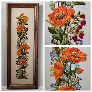 Vintage orange Mohn Blumen Wurzeln Stickerei Nadelspitze handgefertigte gerahmte Kunst - Bild 1 von 15