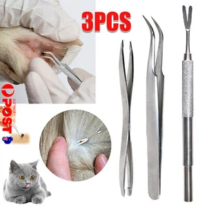 3x Set Pet Cat Dog Tick Remover Tool Stainless Steel Fleas Lice Tweezers Clip Z - Picture 1 of 12