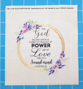2 Timothy 1:7 Scripture 100% Cotton Fabric Panel Square Quilting Block SC279 - Picture 1 of 4