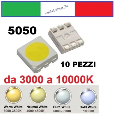 10X chip led SMD 5050 alta luminosità bianco da 2850 a 10000K confezioni da 10 - Immagine 1 di 3