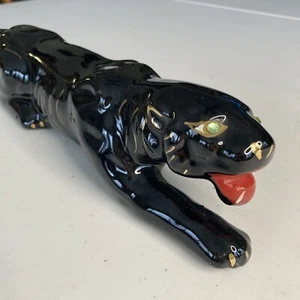 Vintage Black Panther Keramik grün Strass Augen Pirsch hockend MCM Goldrand - Bild 1 von 9