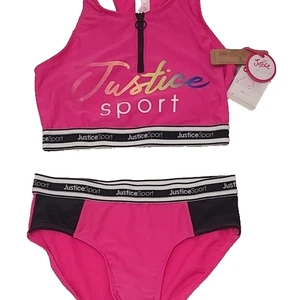 NWT Justice Sport Girls Large (12/14) 2 Piece Longline Zip Hot Pink Swimsuit - Picture 1 of 4
