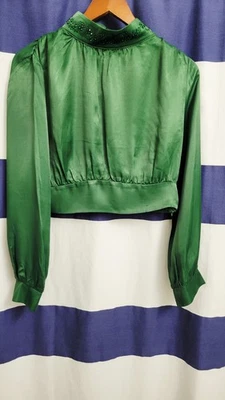 全新带标签 Zara 女式短绿色缎面衬衫,带串珠领 | 大号 — 第 1/4 张图片