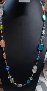 Premier Designs Murano Art Glass Style Beaded Chain Necklace 33" Silver-tone - Picture 1 of 4