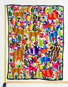 Mexican Folk Art Hand Embroidered Wall Tapestry Panel Textile Decor 41" x 31" - Picture 1 of 11