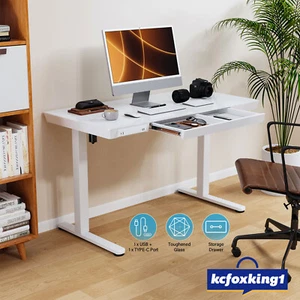Standing Desk Electric Sit Stand Up Table Height Adjustable Tempered Glass White - Picture 1 of 12