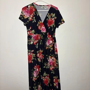 Mother Bee Maternity Dress Size Large Navy Blue with red flowers Maxi Dress - Picture 1 of 4