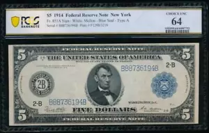 AC Fr 851a 1914 5 $ New York FRN PCGS 64 - Bild 1 von 2