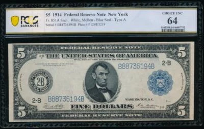 AC Fr 851a 1914 $5 New York FRN PCGS 64 - Image 1 of 2