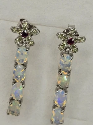 NEW NATURAL FIRE OPAL & PERIDOT EARRINGS 14k White Gold Plated over Sterling Sil - image 1 of 4