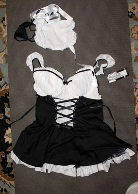 Sexy Disfraz Escante Negro Blanco Lencería de Criada Francesa Lechera Camisola Grande Foto 1 de 3