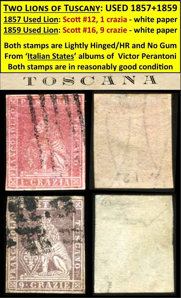 DOS LEONES DE LA TOSCANA - 1857 Scott #12 - y - 1859 Scott #16 - VLH/HR sin goma/B2 Foto 1 de 4