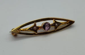 Spilla spilla da bar antica pietra viola spaccata perla oro giallo massiccio 14k - Foto 1 di 7