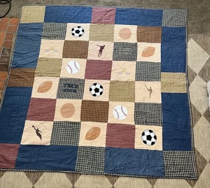 Pottery Barn Kids Patchwork MultiSports Quilt w. 2 shams set 82”x80 ” - Picture 1 of 6