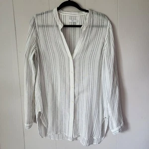 VINCE Sheer-Stripe Pintuck Blouse White Blue Lightweight Womens 8 Cotton Button - Picture 1 of 9