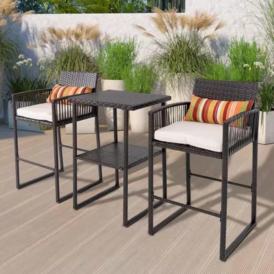 3-Piece Brown Wicker Patio Outdoor Bistro Set with White and Colorful Cushions, - Image 1 of 4