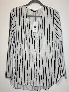 Noracora Langarm schwarz und weiß Bluse Knopfleiste Neu mit Etikett gewellter VNeck Large - Bild 1 von 7