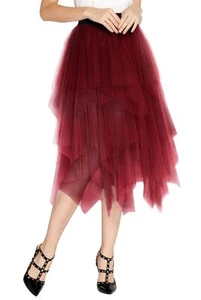 Women's Elegant Mesh Layered Tulle Skirt Sheer Tutu Skirt Midi Dress Wine Red S - Picture 1 of 4