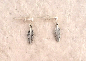 Tibetan Silver Feather 925 Silver Hanging Stud Earrings. Handmade In Gift Bag - Picture 1 of 7