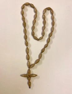 Vintage Papier Paper Mache Hand Made Beaded CROSS Pendant 16.5” Long Necklace - Picture 1 of 5
