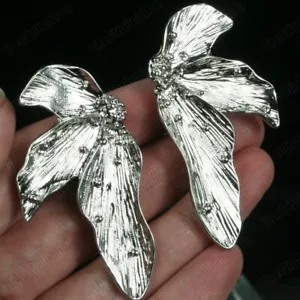 CLIP ON silver tone RETRO LILY EARRINGS big vintage leaves LARGE METAL FLOWERS - Picture 1 of 2