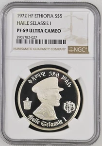 1972 Ethiopia 5 Dollars Silver Proof NGC PF69 Ultra Cameo Haile Selassie & Lion - Picture 1 of 2