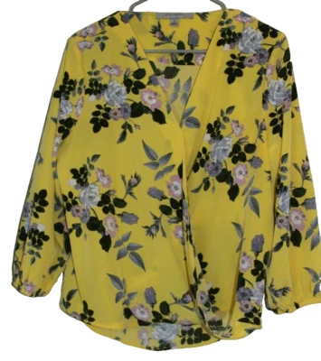 Top Andrew Marc mediano amarillo púrpura floral manga 3/4 para mujer    Foto 1 de 4