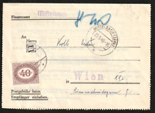 Unfrankierte Verständigung 1949 FA Mistelbach nach Wien NACHPORTO 40 g