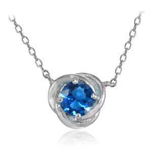 Sterling Silver Simulated London Blue Topaz 6mm Round Love Knot Pendant Necklace