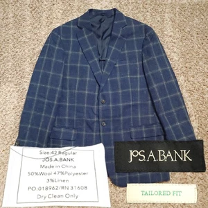Jos A Bank Tailored Fit Mens 42R Wool Polyester Linen Blue Windowpane Sport Coat - Picture 1 of 14