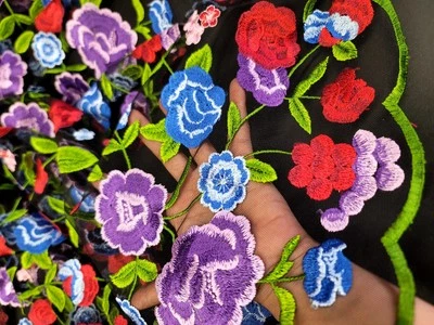 By The Yard Embroidered Purple Red Floral Black Mesh Lace Fabric for Dress Prom - Image 1 of 4