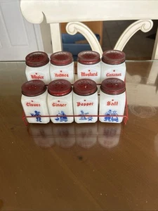 Set Of 8 White Milk Glass Spice Jars Dutch Theme Red Metal Shaker Lids , Rack - Picture 1 of 7