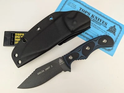 Tops Knives - Delta Unit 3 Knife - Black/Blue G10 Handles + Kydex Sheath - USA - Image 1 of 4
