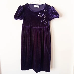 Y2K Girls Dark Purple Velvet Dress Sz 6 Puff Sleeve Floral Holiday Winter Retro - Picture 1 of 8
