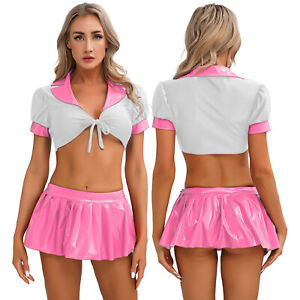 Women's Sexy Schoolgirl Cosplay Outfit Lace-up Crop Top with Pleated Skirt Set 