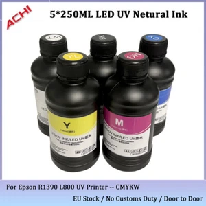 Tinta UV de 5 X 250 ml para impresora UV ACHI A3 A4 A5 CMYKW neutral Epson 1390 L800 UE - Imagen 1 de 17