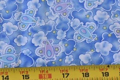 By 1/2 Yd, Blue & Lavender Toy Airplanes & Clouds on Quilt Cotton, David, P6948 - Image 1 of 4