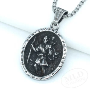 Collar colgante medalla San Cristóbal de acero inoxidable - espalda cruzada, cadena de 24" - Imagen 1 de 11