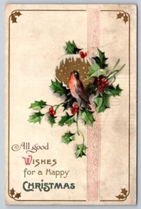 All Good Wishes For A Merry Christmas, Bird, Holly, Antique 1909 Postcard - Bild 1 von 2