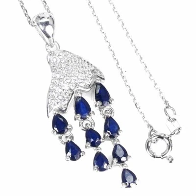 925纯银项链梨蓝色蓝宝石5x3毫米宝石珠宝18英寸 — 第 1/4 张图片