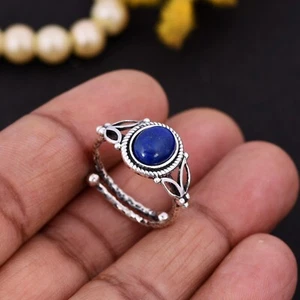 Oval Lapis Gemstone Sterling Silver Oxidized Ring Handmade Boho Women Jewelry - Picture 1 of 10