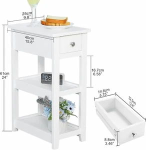 White End Table Wood Look Accent with Drawer and 2 Shelve Narrow for Living Room - Picture 1 of 10